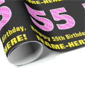 55e verjaardag: Roze strepen en hart "55" + naam Cadeaupapier (Rol Hoek)