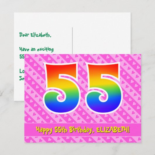 55e verjaardag: Roze strepen & harten, Regenboog 5 Briefkaart (Voorkant / Achterkant)