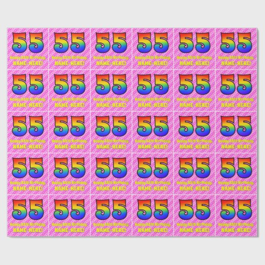 55e verjaardag: roze strips & harten, regenboognr. cadeaupapier (Vlak)
