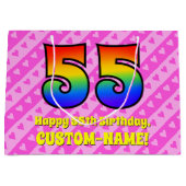 55e verjaardag: roze strips & harten, regenboognr. groot cadeauzakje (Voorkant)