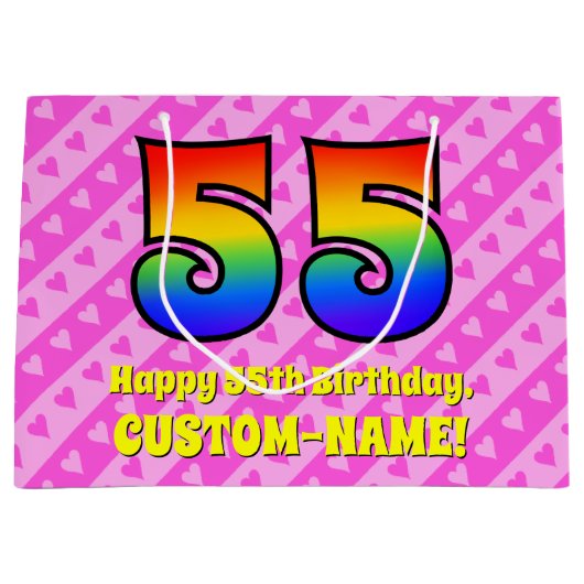 55e verjaardag: roze strips & harten, regenboognr. groot cadeauzakje (Voorkant)