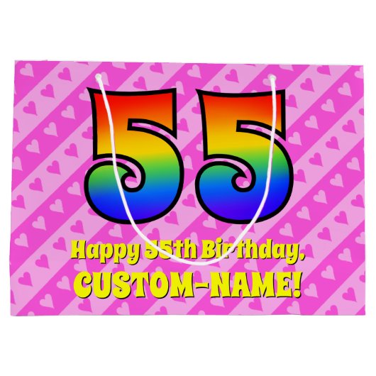 55e verjaardag: roze strips & harten, regenboognr. groot cadeauzakje (Achterkant)