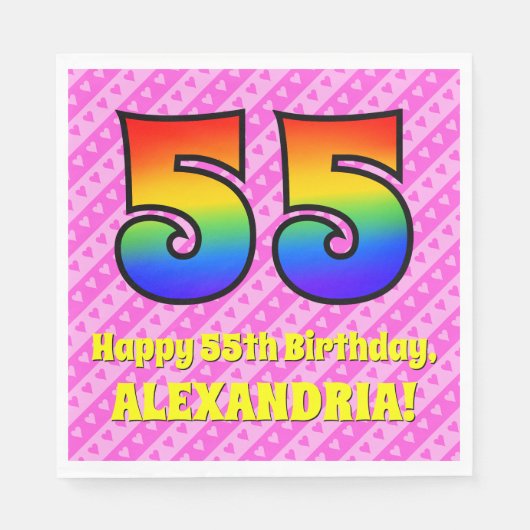 55e verjaardag: roze strips & harten, regenboognr. servet (Voorkant)
