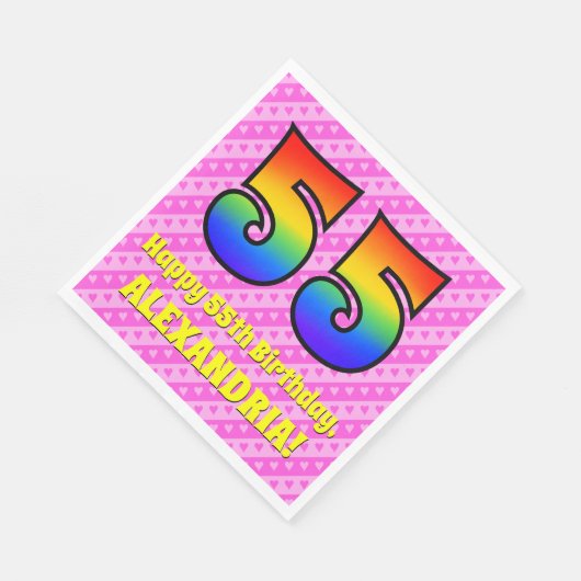 55e verjaardag: roze strips & harten, regenboognr. servet (Hoek)