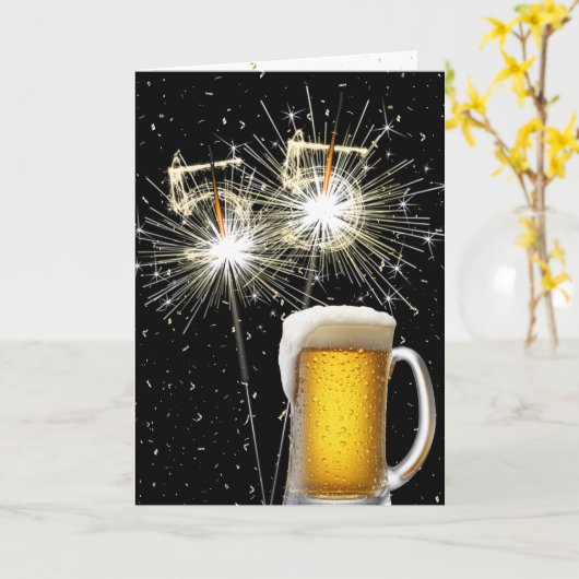 55e Verjaardag Sparklers Met Bier Mok Kaart (Gele Bloem)