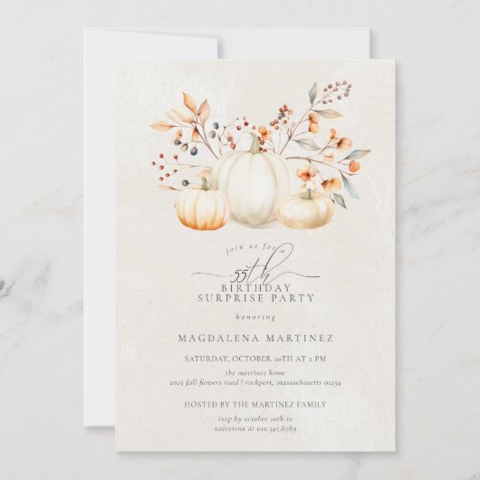 55e Verjaardag Surprise Party Witte Pompoen Herfst Kaart (Voorkant)