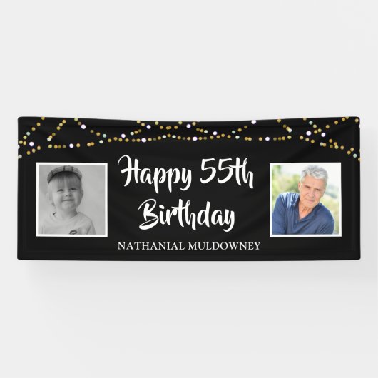 55e verjaardag toen & nu foto's Lights Zwart Spandoek (Horizontaal)