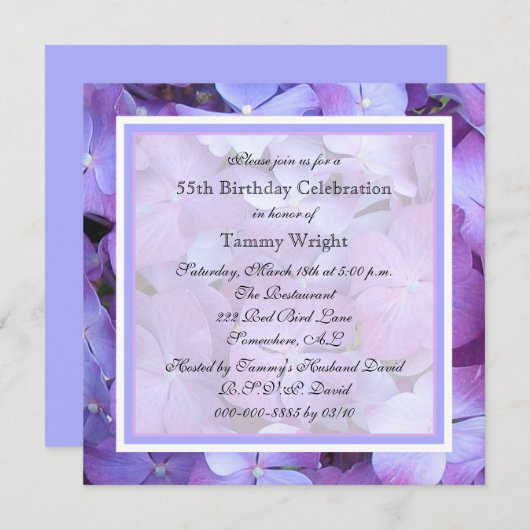 55e verjaardag Uitnodiging Paarse hortensia's (Voorkant / Achterkant)