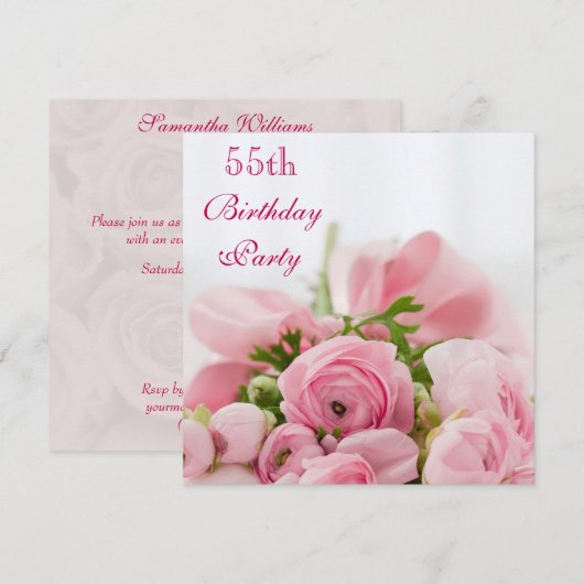 55e verjaardag van roze rozen kaart (Voorkant / Achterkant)