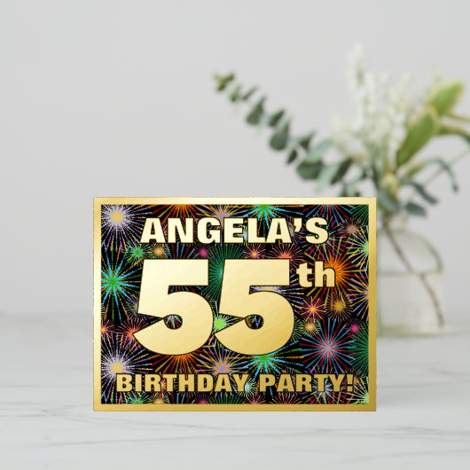 55e verjaardag: Vette, kleurrijke Fireworks-look Folie Uitnodiging Briefkaart (Staand Voorkant)