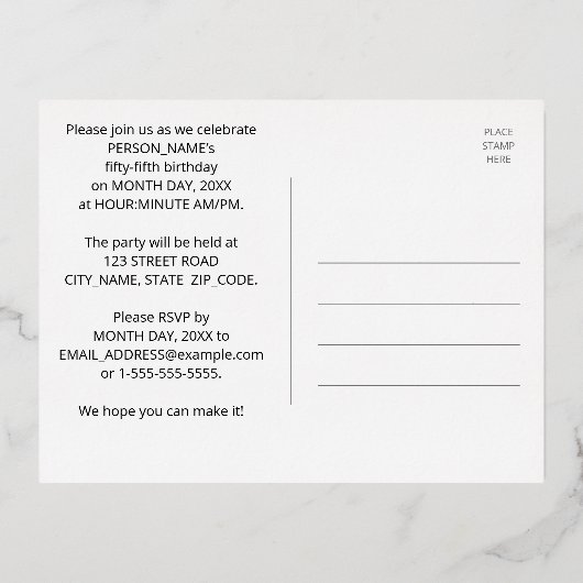 55e verjaardag: Vette, kleurrijke Fireworks-look Folie Uitnodiging Briefkaart (Achterkant)