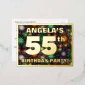 55e verjaardag: Vette, kleurrijke Fireworks-look Folie Uitnodiging Briefkaart (Voorkant / Achterkant)