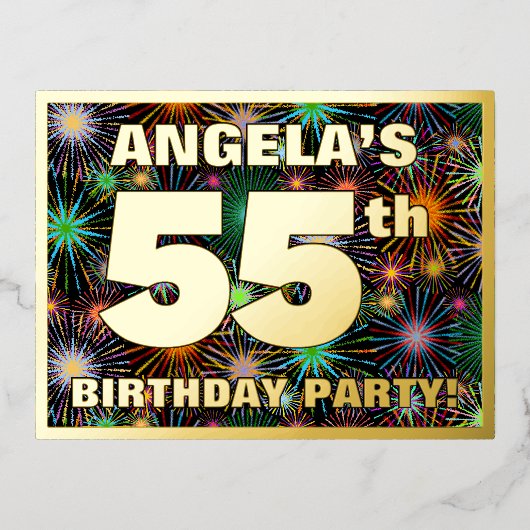 55e verjaardag: Vette, kleurrijke Fireworks-look Folie Uitnodiging Briefkaart (Voorkant)