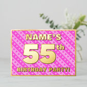 55e verjaardag - vuurroze harten en strips folie uitnodiging (Staand Voorkant)