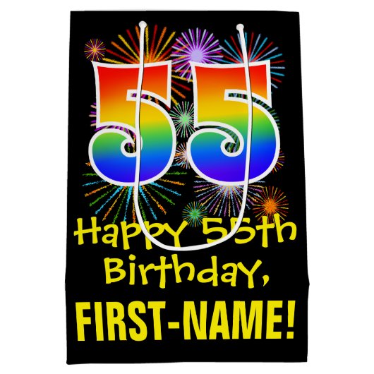 55e verjaardag: Vuurwapenpatroon en regenboog 55 Medium Cadeauzakje (Achterkant)