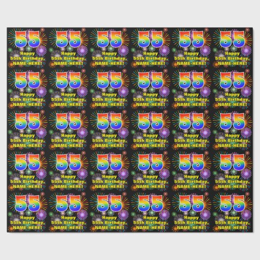 55e verjaardag: vuurwerk, regenboogblik # "55" cadeaupapier (Zoom)
