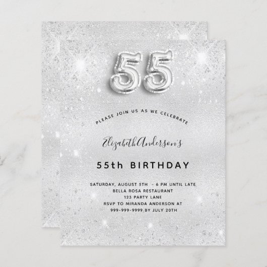 55e verjaardag zilveren glitter budgetuitnodiging (Voorkant / Achterkant)