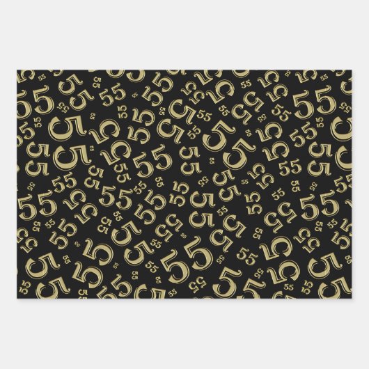55e verjaardag zwart/Gold Random Number Patroon 55 Inpakpapier Vel (Voorkant)