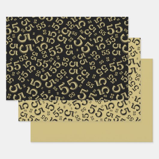 55e verjaardag zwart/Gold Random Number Patroon 55 Inpakpapier Vel (Set)
