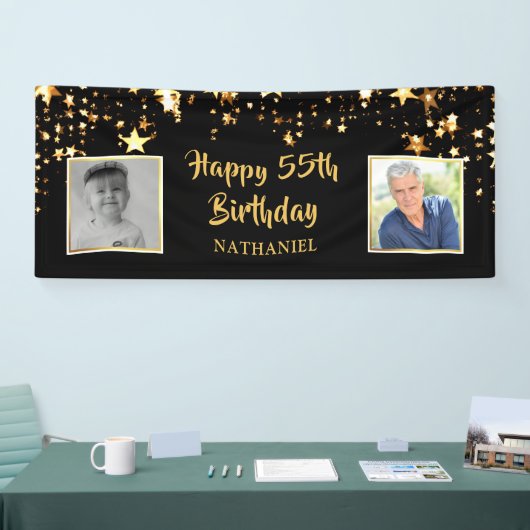 55e Verjaardag Zwart Goud Sterren Foto's Gepersona Spandoek (Beurs)