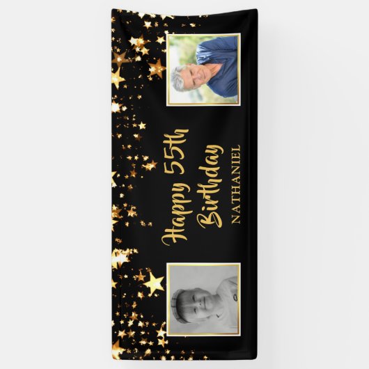 55e Verjaardag Zwart Goud Sterren Foto's Gepersona Spandoek (Verticaal)