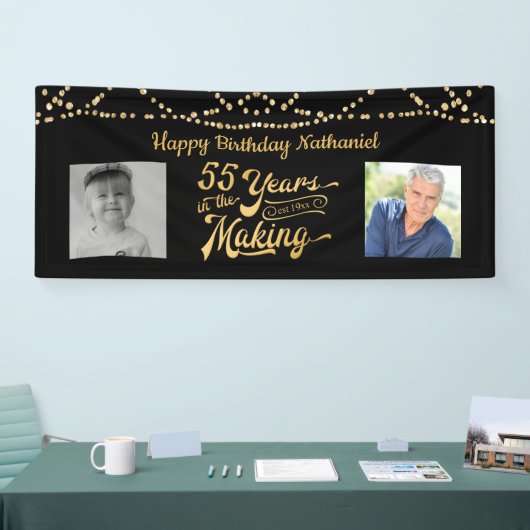 55e verjaardag zwart gouden string lichten retro f spandoek (Beurs)