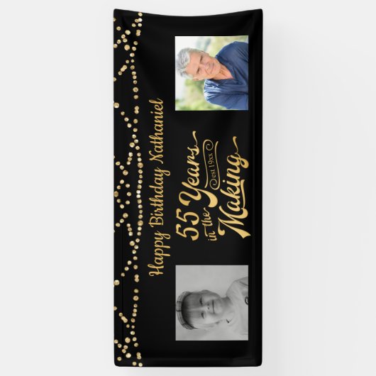 55e verjaardag zwart gouden string lichten retro f spandoek (Verticaal)