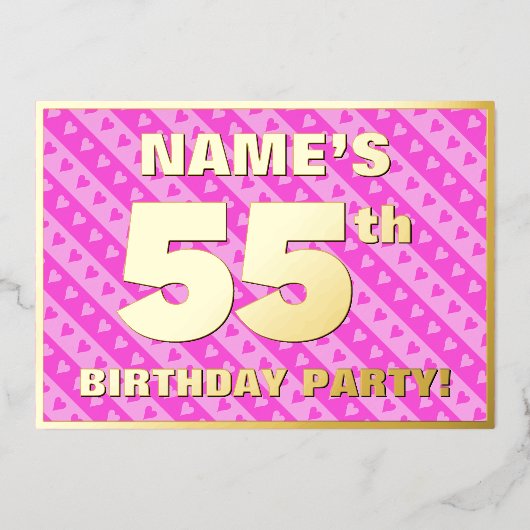 55e verjaardagsfeest — Leuke roze harten en strepe Folie Uitnodiging (Voorkant)