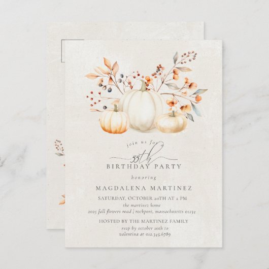 55e Verjaardagsfeest Witte Pompoen Fall Bladeren Uitnodiging Briefkaart (Voorkant / Achterkant)