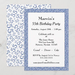 55e verjaardagsfeestje, blauw/wit nummerpatroon kaart