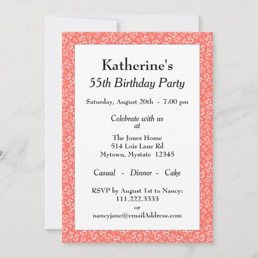 55e verjaardagsfeestje, koraal/wit nummerpatroon kaart (Voorkant)