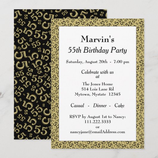 55e verjaardagsfeestje, zwart/gouden nummerpatroon kaart (Voorkant / Achterkant)