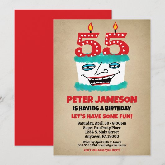 55e Verjaardagsuitnodiging Grappige taart Casual M Kaart (Voorkant / Achterkant)