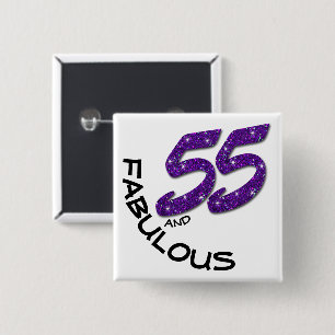 55e verpartij viering paarse glitter vierkante button 5,1 cm