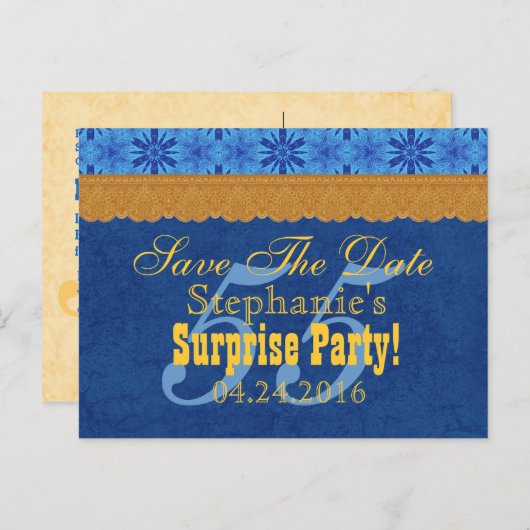 55e VERRASSING Verjaardag Save the Date Blue Gold  Aankondigingskaart (Voorkant / Achterkant)