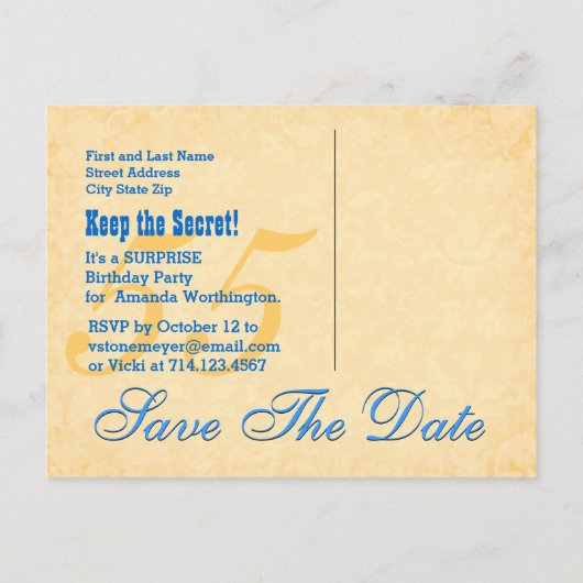 55e VERRASSING Verjaardag Save the Date Blue Gold  Aankondigingskaart (Achterkant)