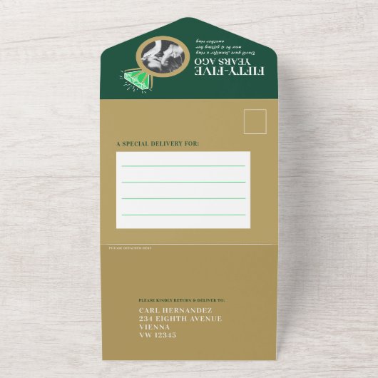 55ste trouwdag-smerald groene gouden ring all in one uitnodiging (Buitenkant)