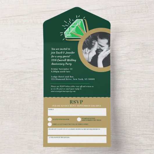 55ste trouwdag-smerald groene gouden ring all in one uitnodiging (Binnen)