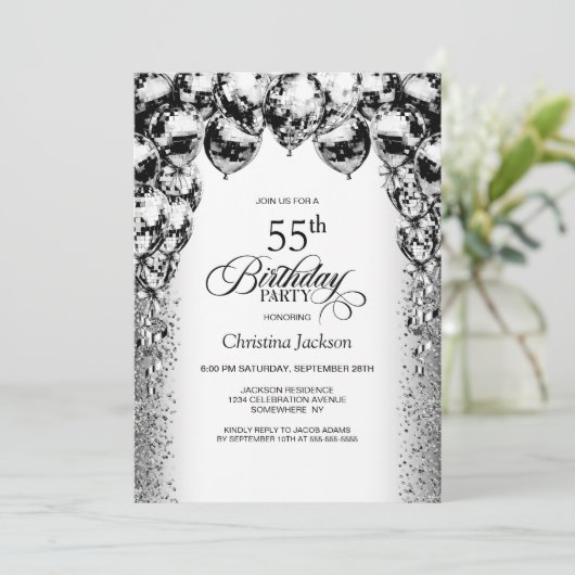 55ste verjaardag Black and White Balloons Party Kaart (Staand voorkant)