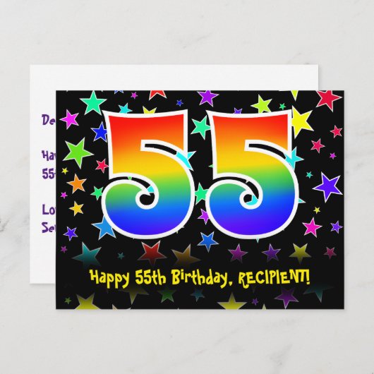 55ste verjaardag: Fun Stars Pattern, Rainbow 55, N Briefkaart (Voorkant / Achterkant)