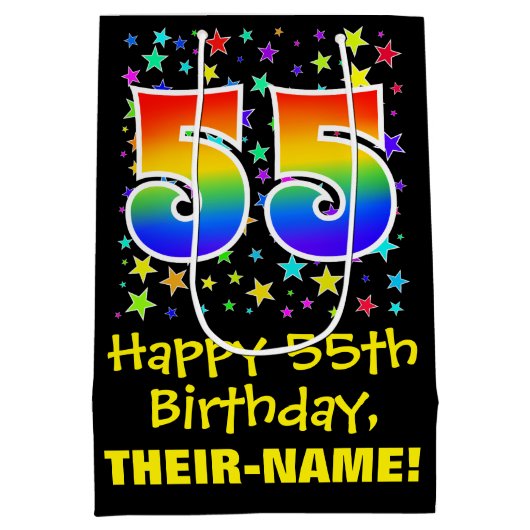 55ste verjaardag: Kleurrijke Sterren Patroon & Reg Medium Cadeauzakje (Achterkant)