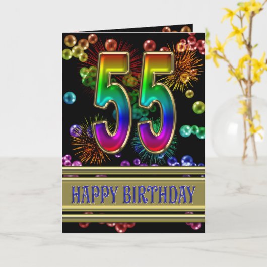 55ste verjaardag met regenboogbubbels en vuurwerk kaart (Gele Bloem)