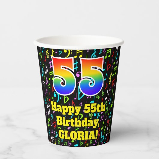 55ste Verjaardag: Plezier Muzieknoten Patroon, Reg Papieren Bekers (Voorkant)