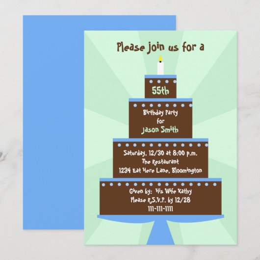 55ste Verjaardagsfeestje Uitnodigingstaart op Groe Kaart (Voorkant / Achterkant)