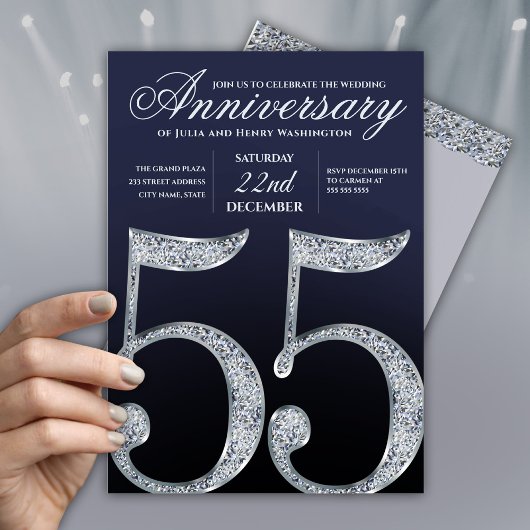 55th Anniversary Diamond Silver Navy Blue Modern Kaart