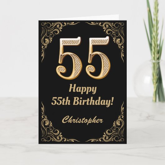 55th Birthday Black en Gold Glitter Lijst Kaart (Voorkant)