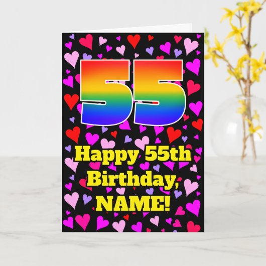 55th Birthday: Loving Hearts Pattern, Rainbow # 55 Kaart (Gele Bloem)