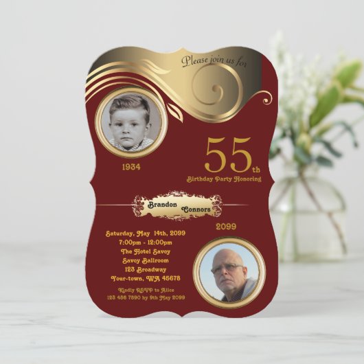 55th, Birthday Man age, art deco, Bordeaux gold Kaart (Staand voorkant)