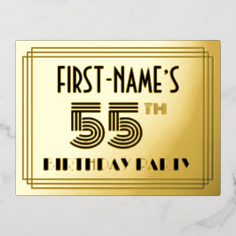 55th Birthday Party ~ Art Deco Style "55" + Name Folie Uitnodiging Briefkaart