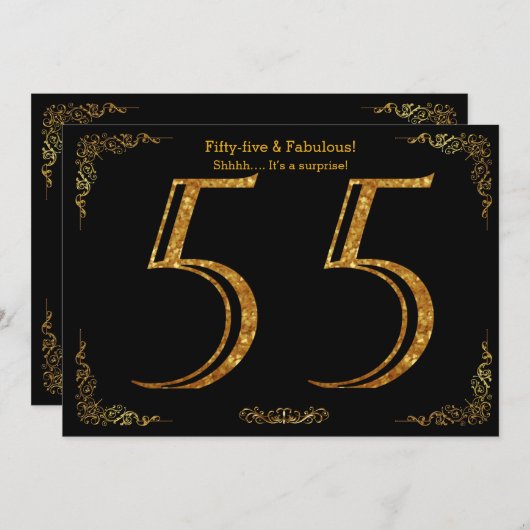 55th Birthday party, Gatsby styl, zwarte gouden gl Kaart (Voorkant / Achterkant)